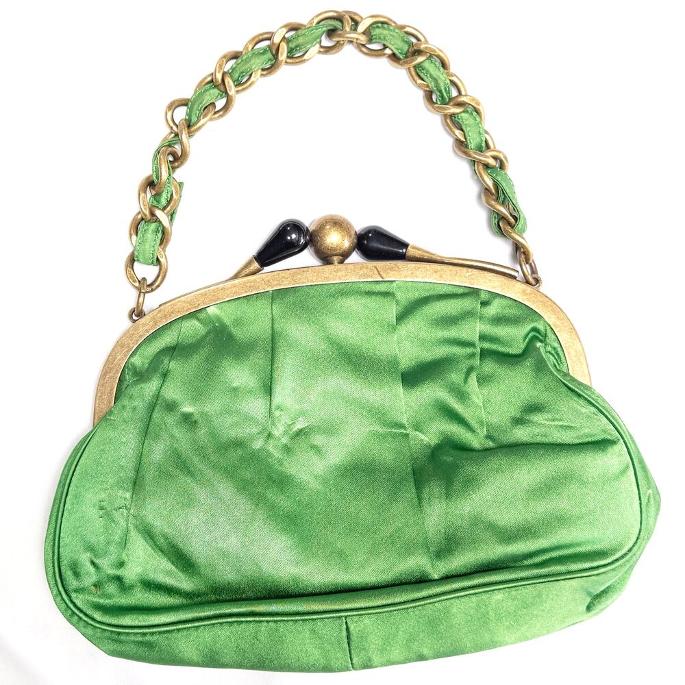J Crew Vintage Clutch Purse Green Satin Boho Whimsical Statement